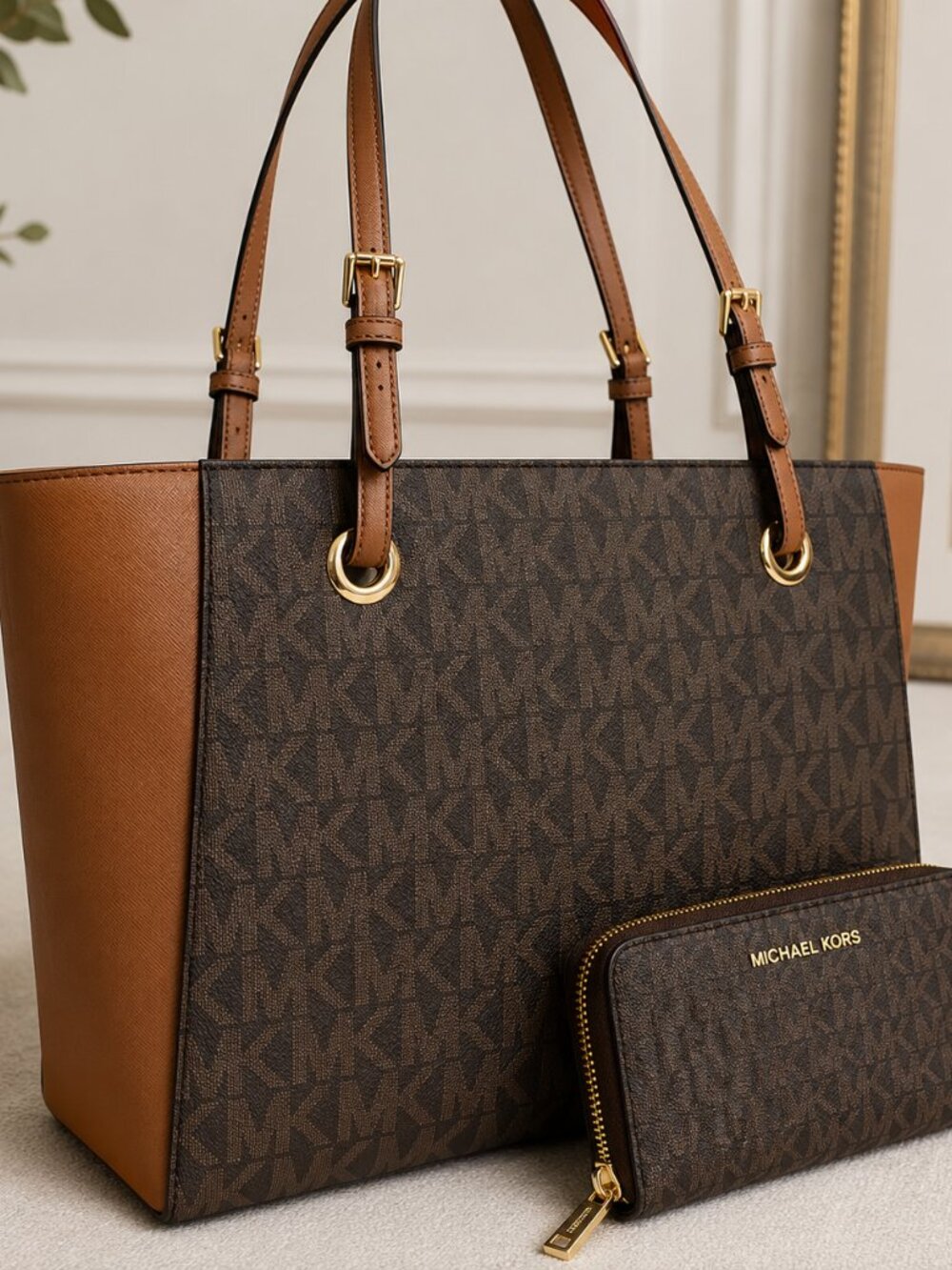 Michael Kors Walsh Tote & Wallet Set Brown MK Monogram NWT